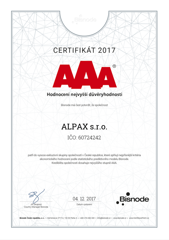 Certifikát 2017 - hodnocení nejvyšší důvěryhodnosti